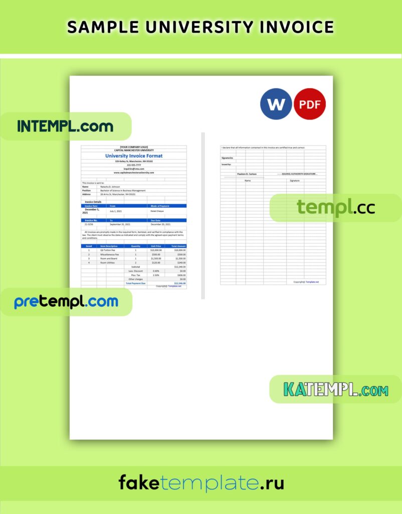 Sample University Invoice Word and PDF download template