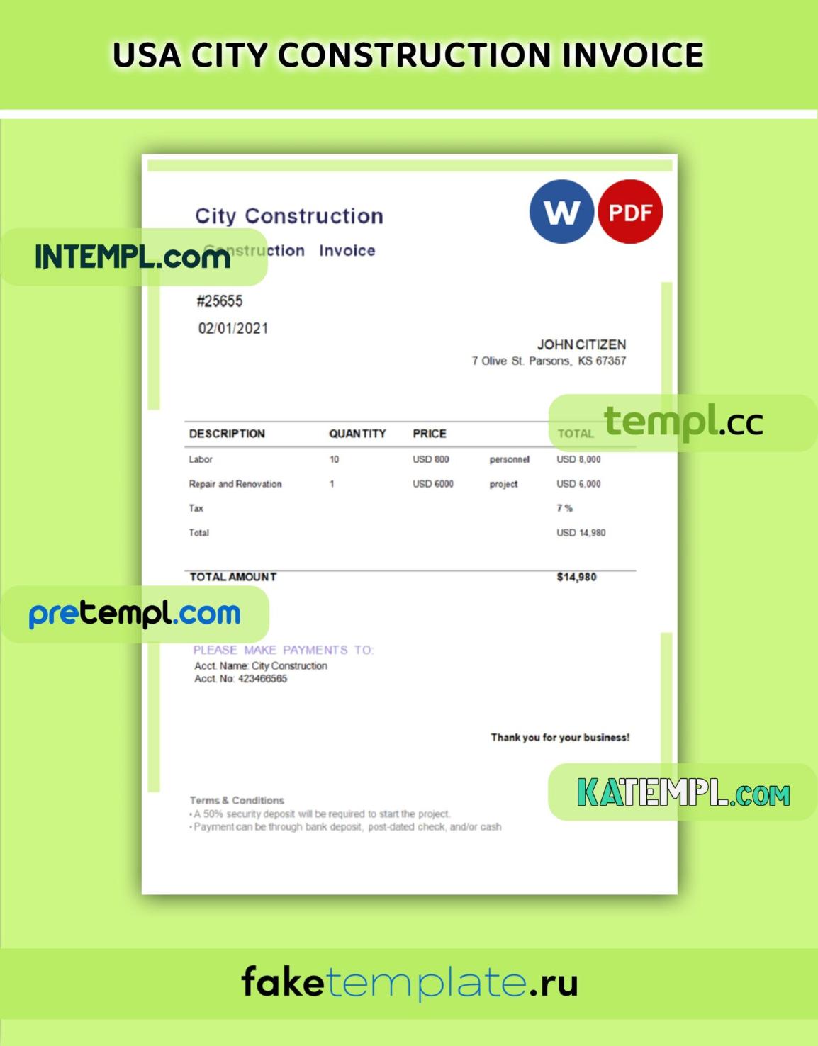 USA city construction invoice Word and PDF download template