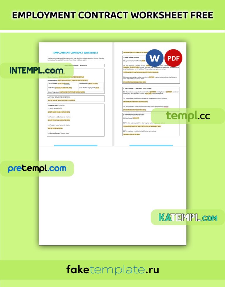 employment contract worksheet, PDF and Word download template – Intempl