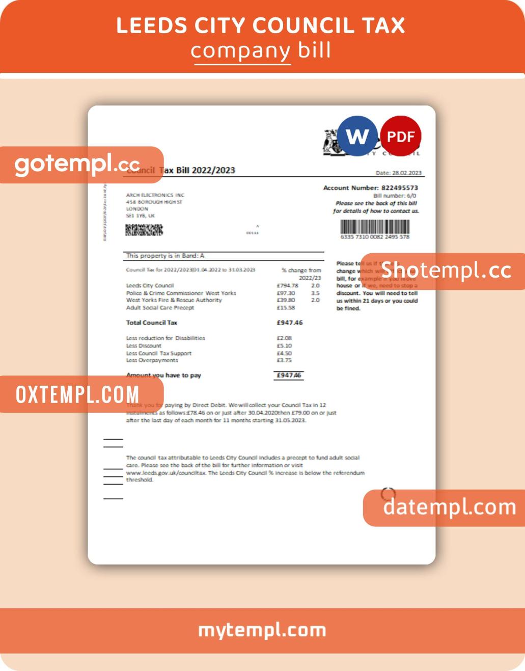 Leeds City Council tax business bill, Word and PDF template, 4 pages, version 3