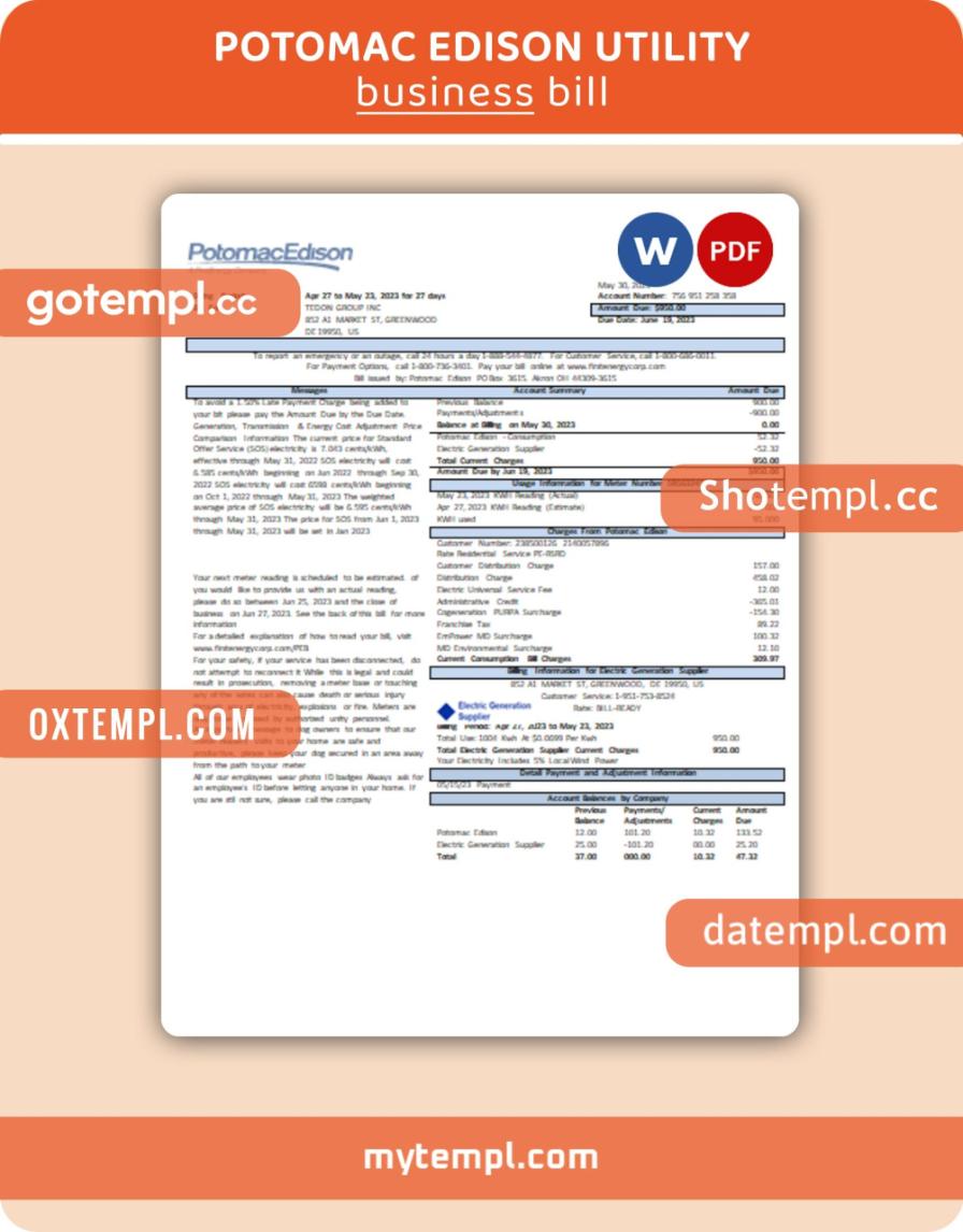 Potomac Edison business utility bill, Word and PDF template, 2 pages