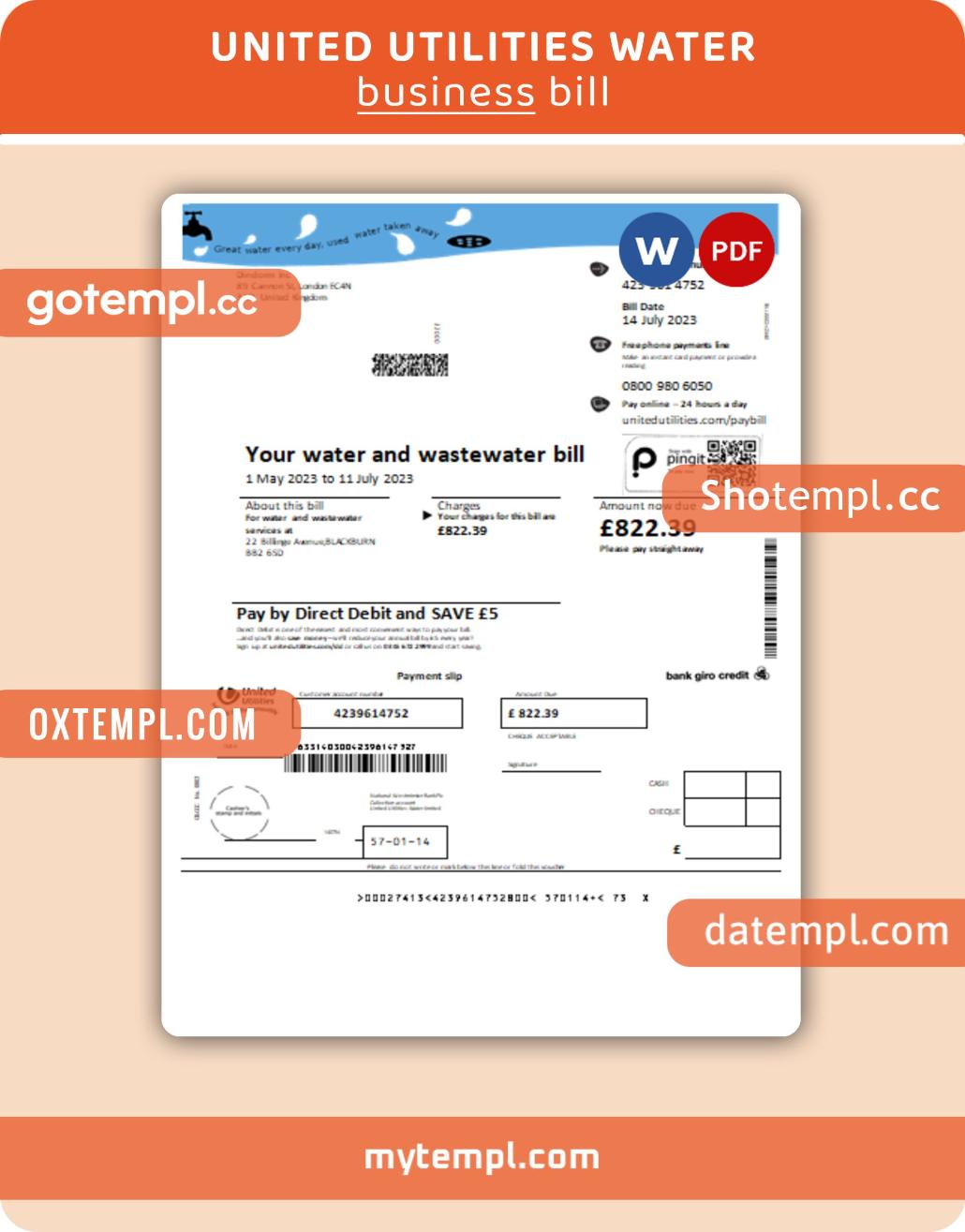 United Utilities water business utility bill, Word and PDF template, 2 pages