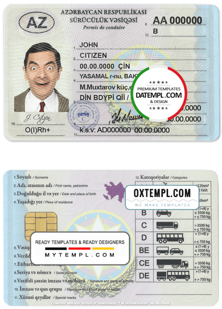 Azerbaijani driver license download example in PSD format, fully editable, with all fonts (2013 - present)