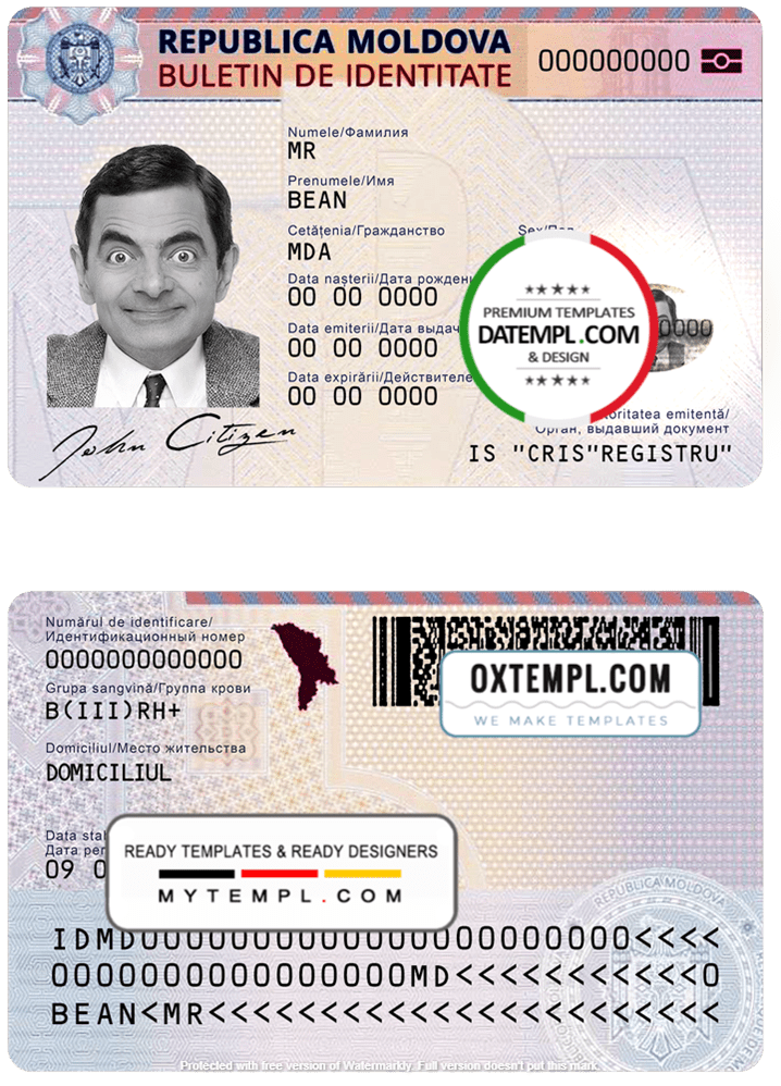 Moldovan ID example in PSD format, fully editable, with all fonts