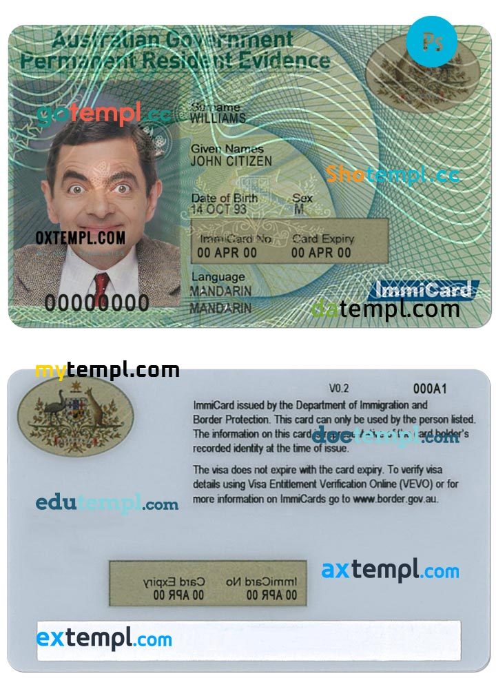 Australian permanent residence card PSD example, with fonts