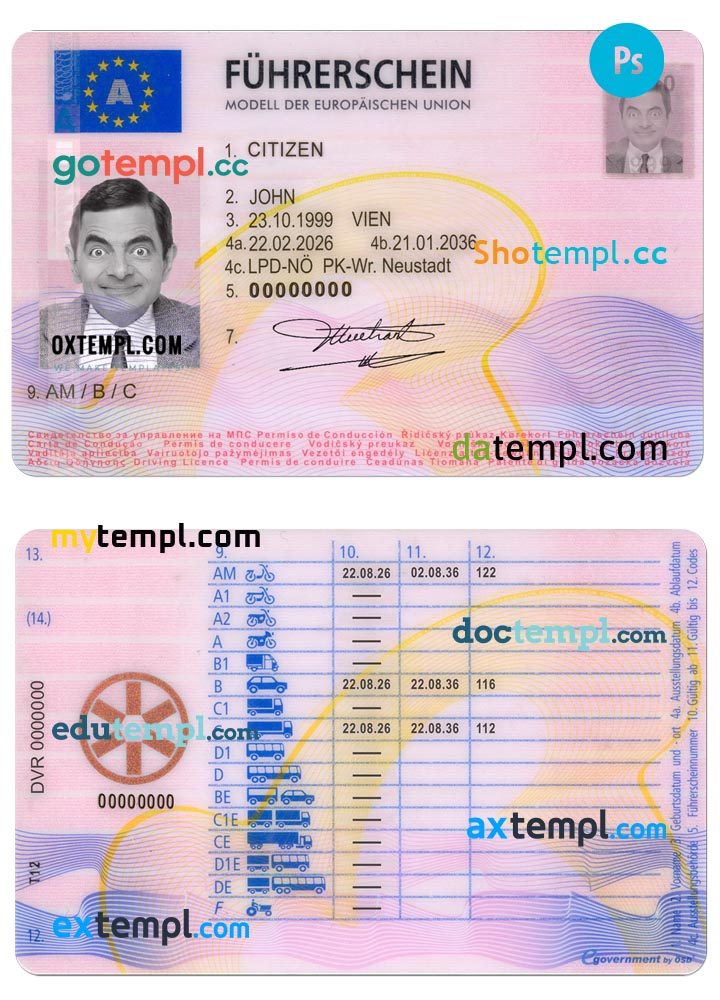 Austrian driver license download example in PSD format, 2013 - present