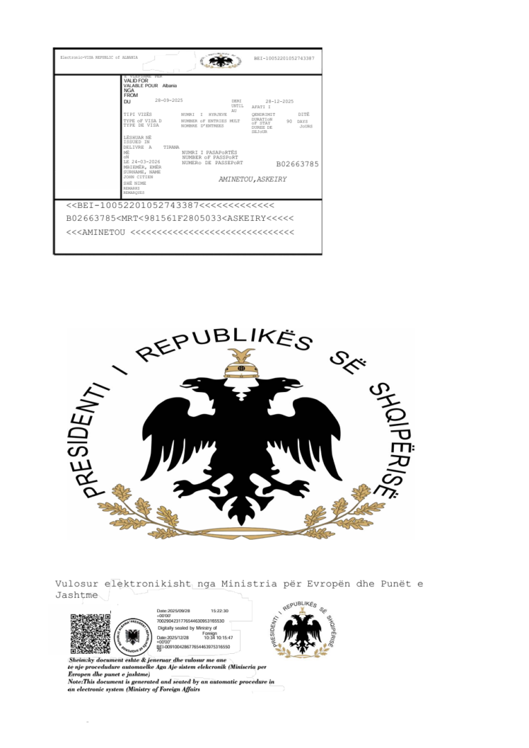 Albania e-visa template in Word and PDF formats, version 3