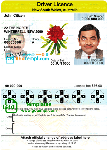 Australian New South Welsh driver license example in PSD format, fully editable