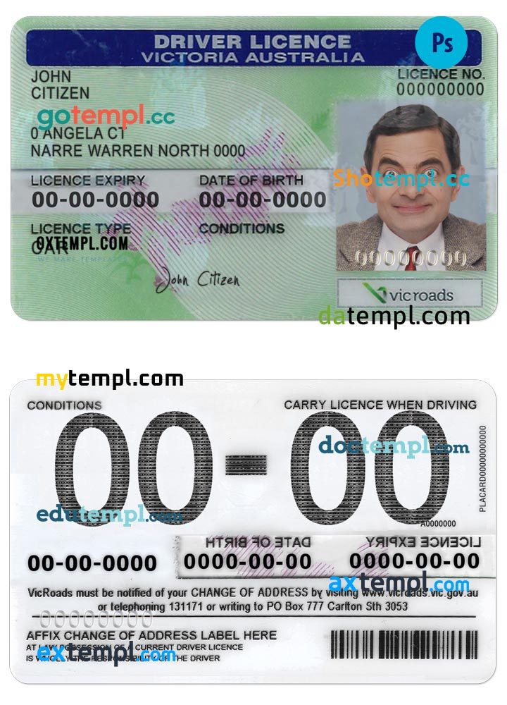 Australian Victoria state driver license download example in PSD format, fully editable, version 2