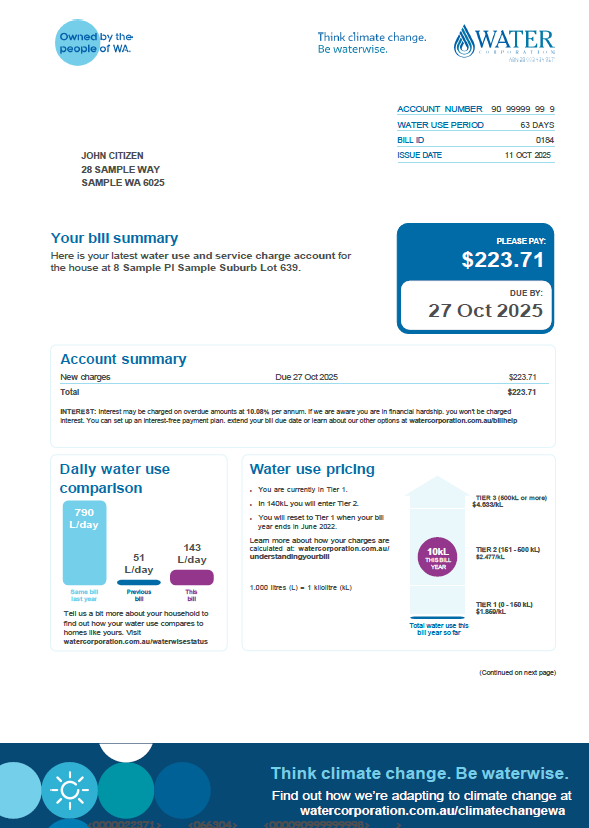 Australia Water Corporation utility bill template in Word and PDF formats