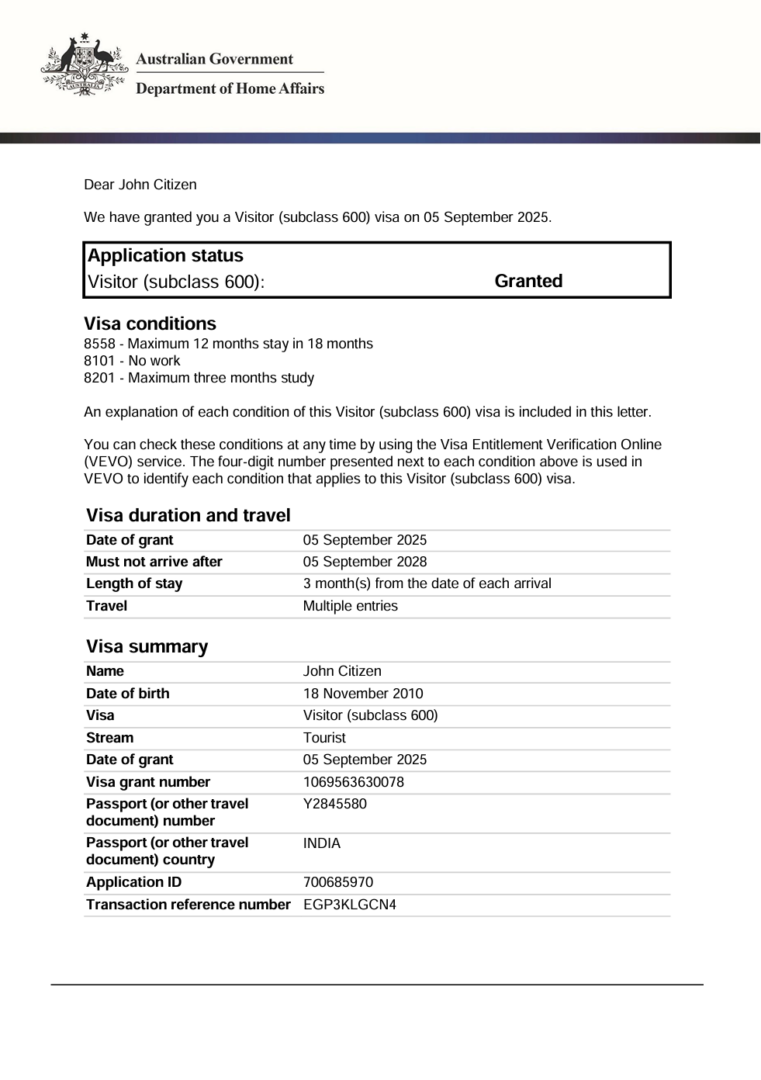 Australia e-visa template in Word and PDF formats, version 2