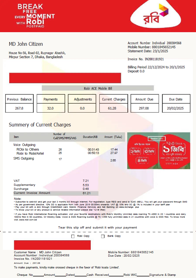 Bangladesh Robi Axiata Limited utility bill template in Word and PDF formats, version 2