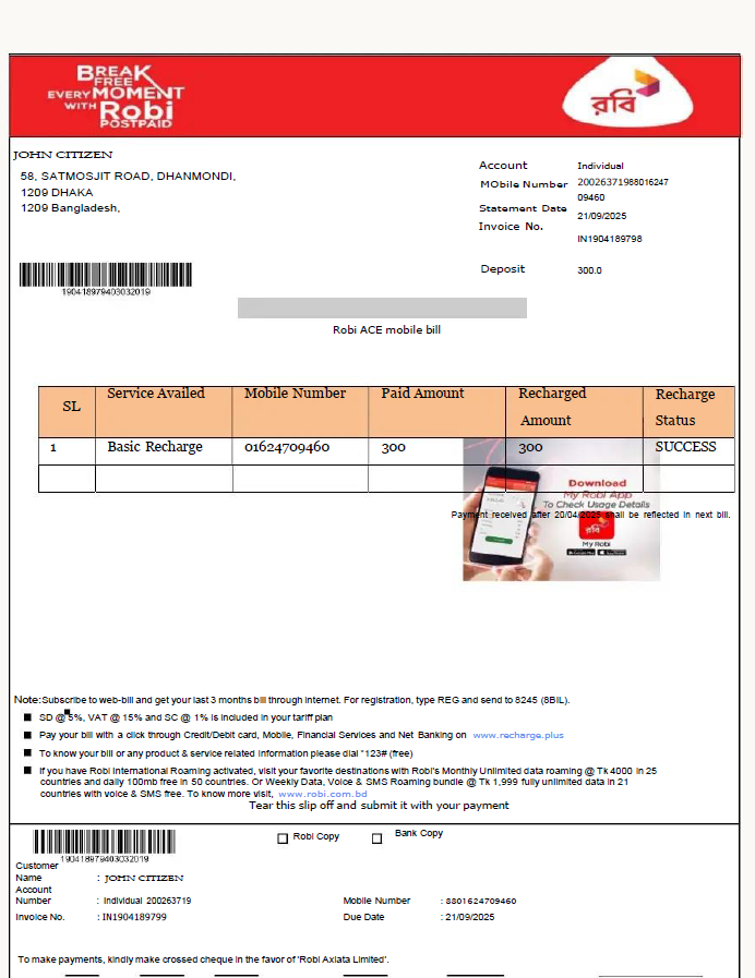 Bangladesh Robi Axiata Limited utility bill template in Word and PDF formats