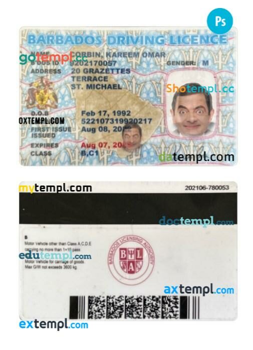 Barbados driving license PSD editable template
