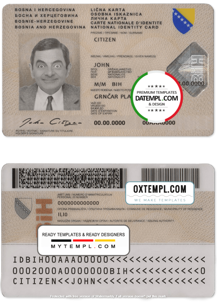 Bosnian ID example in PSD format, fully editable, with all fonts