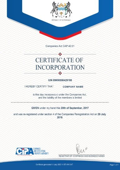 Botswana Certificate of Incorporation PSD template