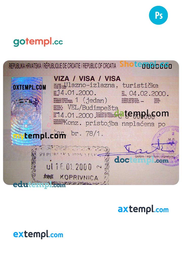 Croatian travel visa PSD example, completely editable, with fonts