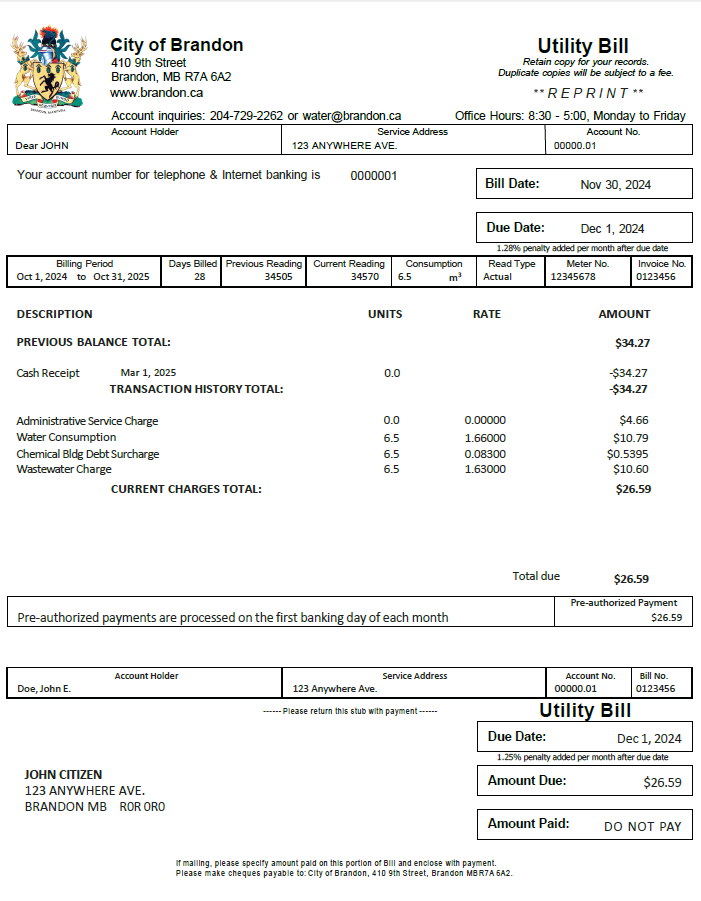 Canada City of Brandon utility bill template in Word and PDF formats