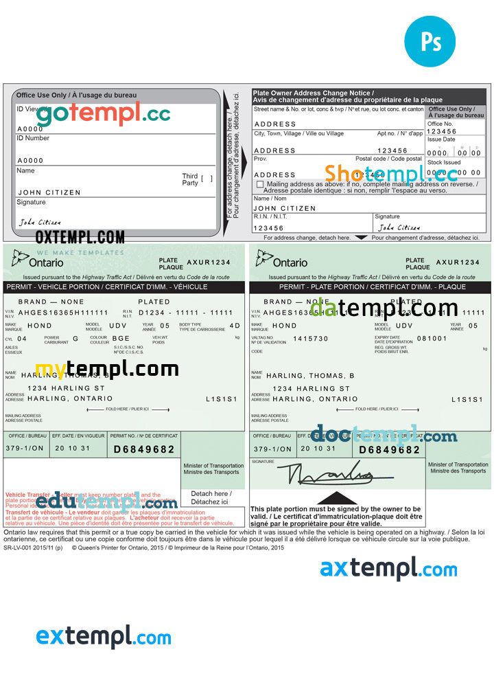 Canada Ontario certificate of title of a vehicle (car title) template in PSD format, fully editable