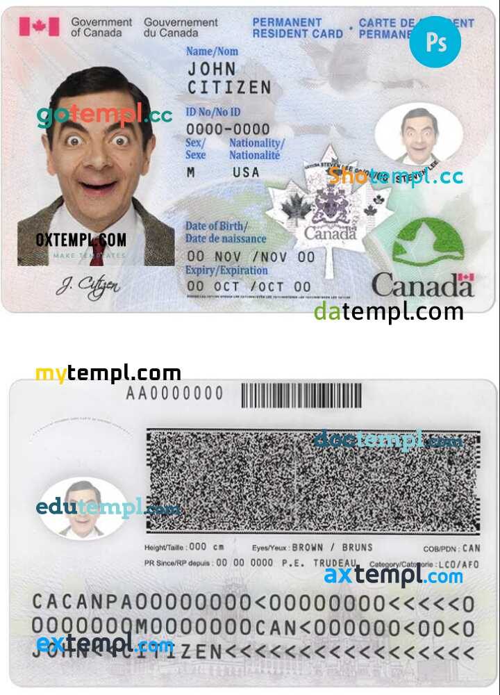 Canadian Permanent resident card example in PSD format, fully editable (+editable PSD photo look)