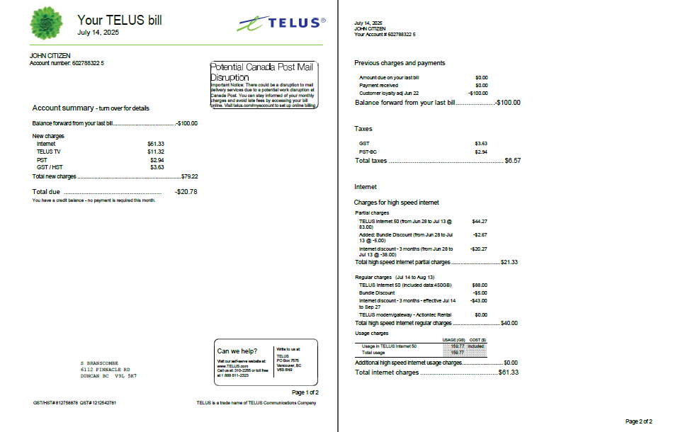 Canada Telus utility bill template in Word and PDF formats, 2 pages
