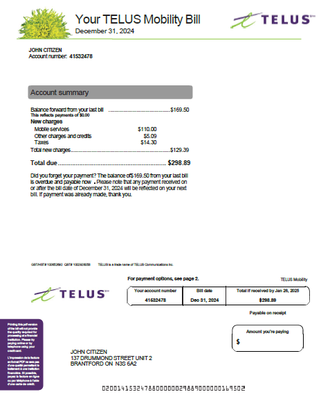 Canada Telus utility bill template in Word and PDF formats, version 2