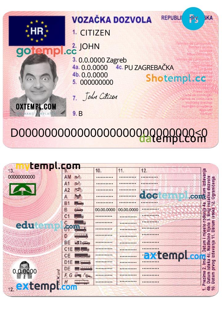 Croatian driver license download example in PSD format, fully editable