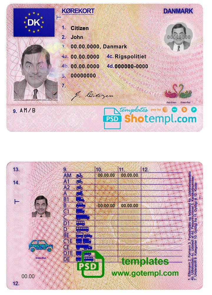 Danish driver license download example in PSD format, fully editable