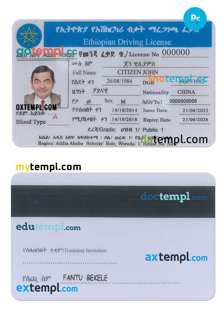 Ethiopian driver license download example in PSD format, fully editable