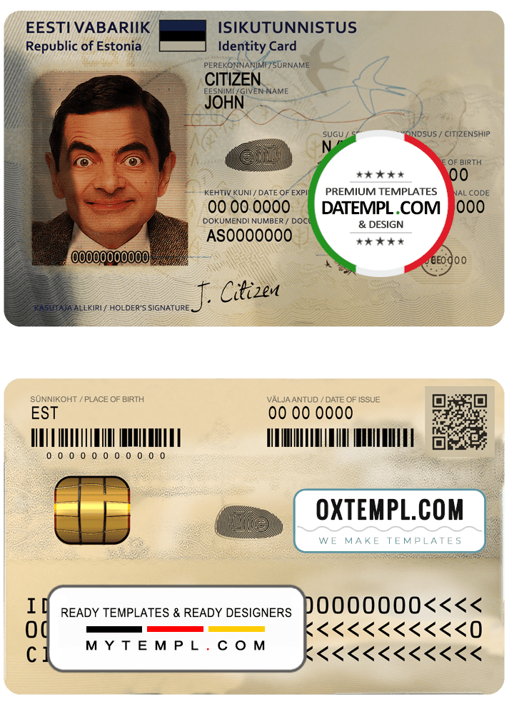 Estonian ID example in PSD format, fully editable, 2018 - present