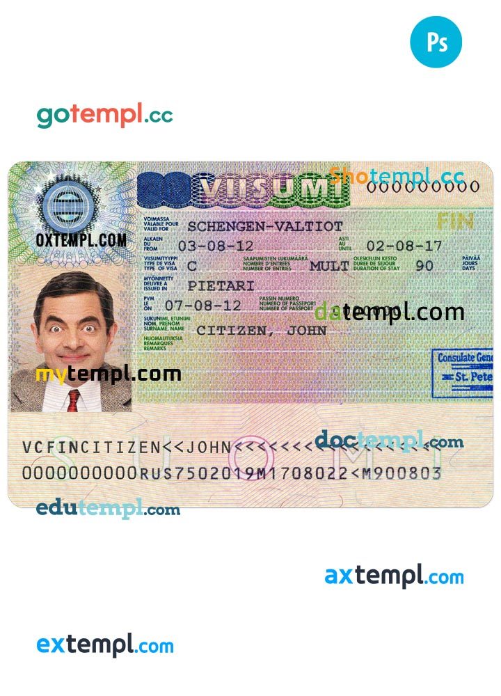 Finnish schengen visa PSD example, completely editable, with fonts