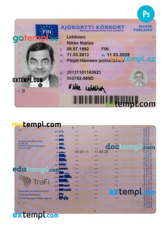 Finland driving license PSD editable template, 2013-present
