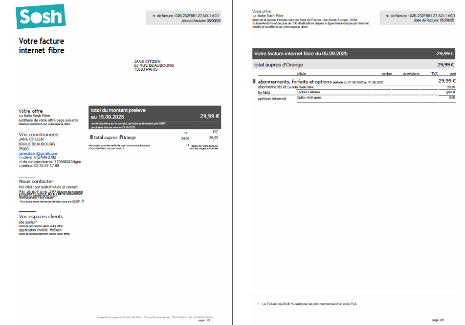 France Sosh utility bill template in Word and PDF formats, 2 pages