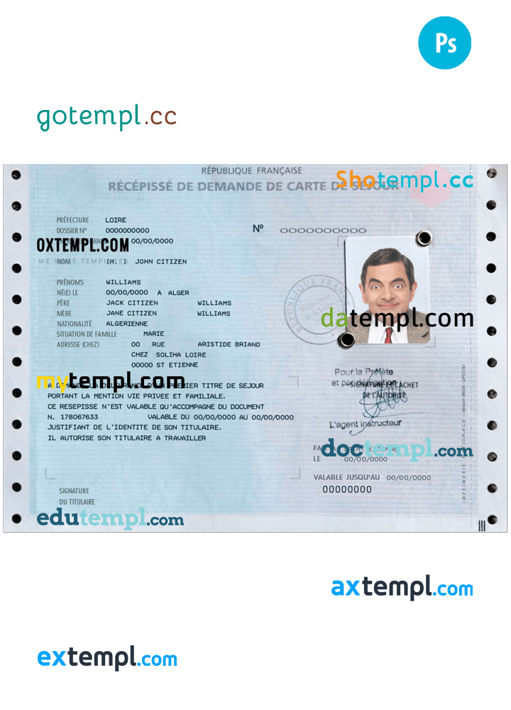 French residence permit (carte de séjour) PSD template, fully editable