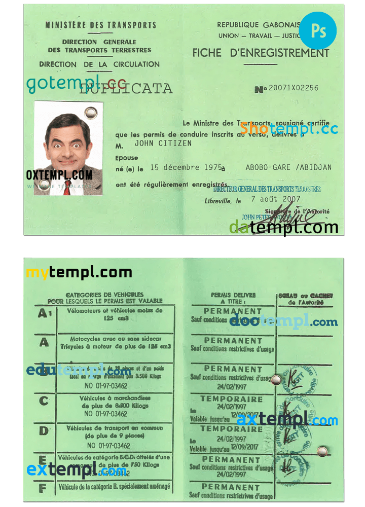 Gabonese driver license download PSD example, with fonts