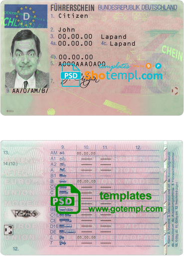 German driver license download example in PSD format, fully editable, with all fonts