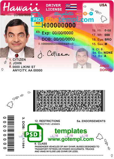 Hawaii driver license download example in PSD format