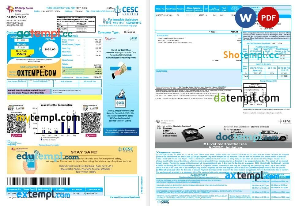 India cesc limited business utility bill template in Word and PDF format, version 2