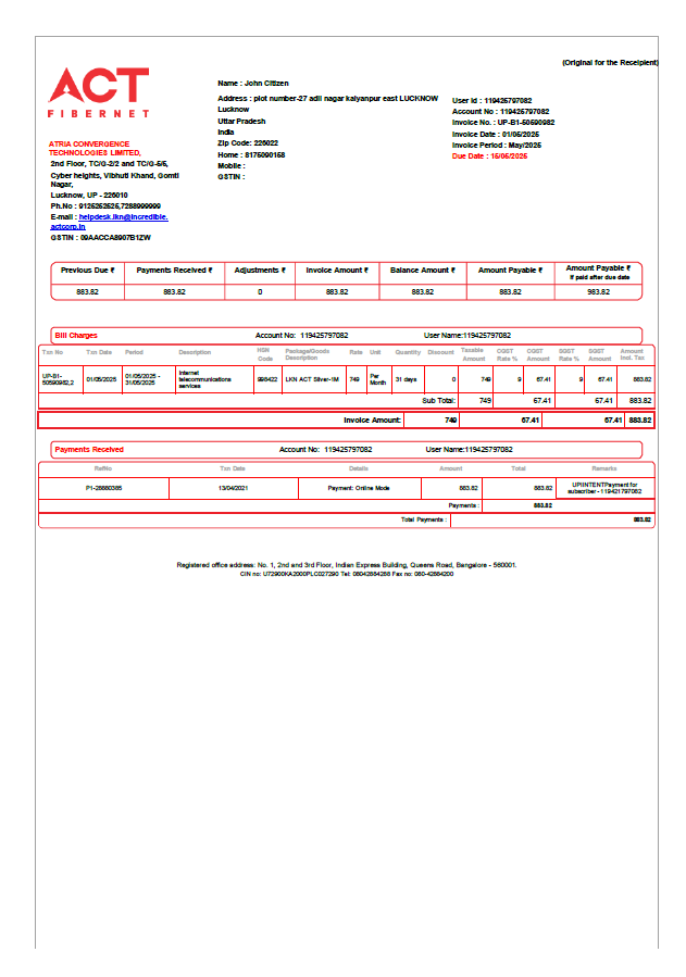 India ACT Fibernet utility bill template in Word and PDF formats