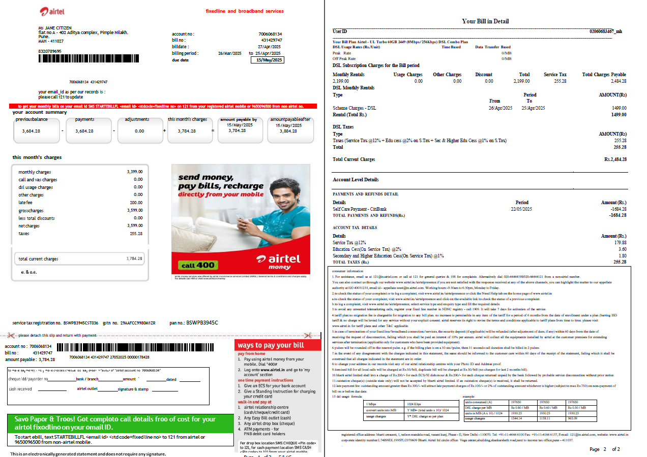 India Airtel utility bill template in Word and PDF formats, 2 pages, version 3