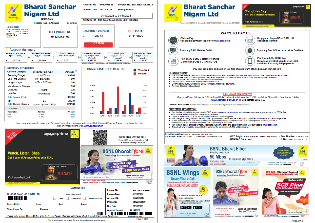 India Bharat Sanchar Nigam Limited utility bill template in Word and PDF formats, 2 pages