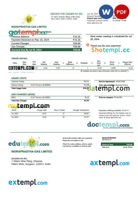 India Indraprastha Gas business utility bill template in Word and PDF format