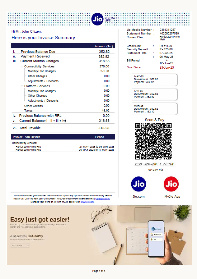 India Jio Digital Life utility bill template in Word and PDF formats, version 2