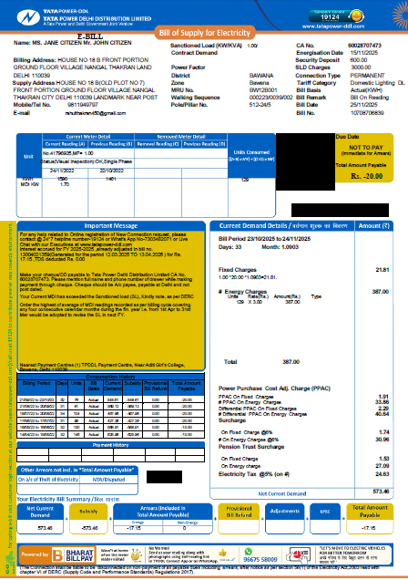 India Tata Power Company Limited utility bill template in Word and PDF formats