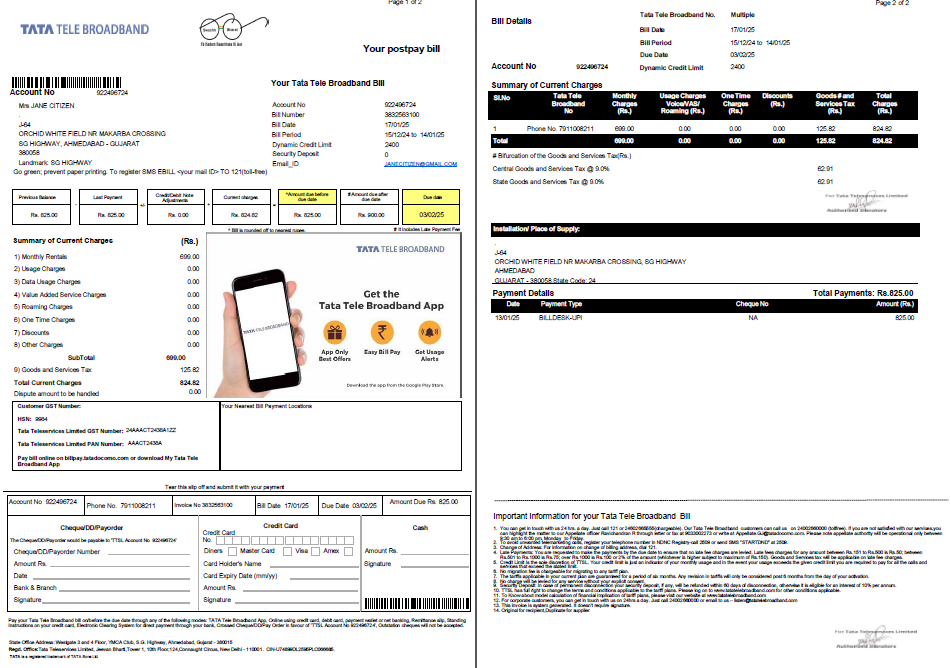 India Tata Tele Broadband utility bill template in Word and PDF formats, 2 pages