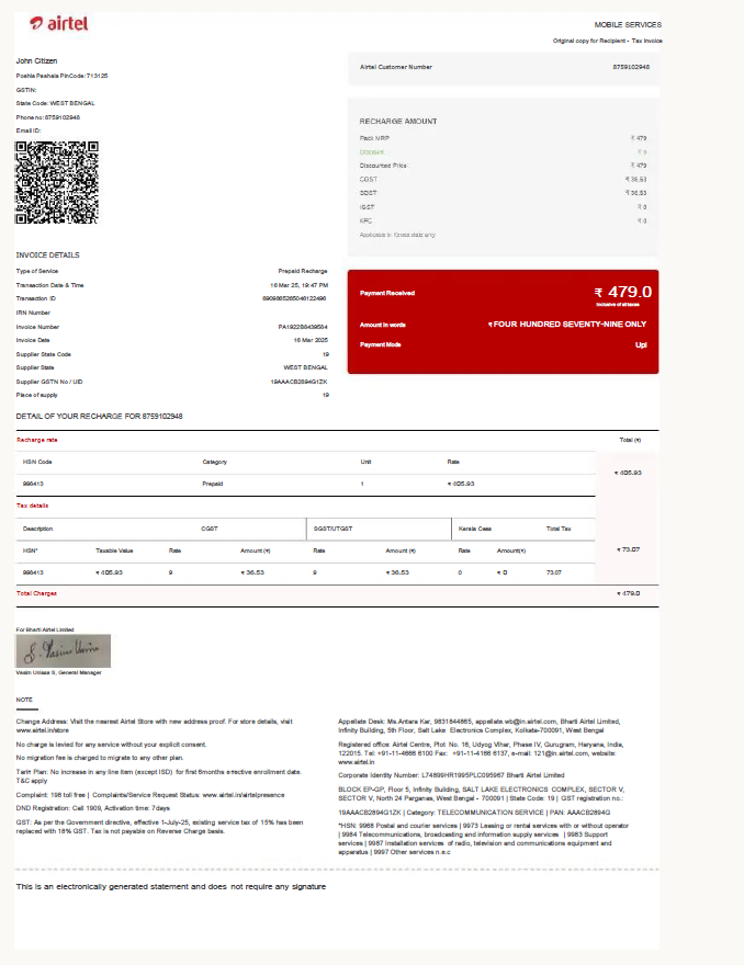 India airtel utility bill template in Word and PDF formats, 2 pages, version 2