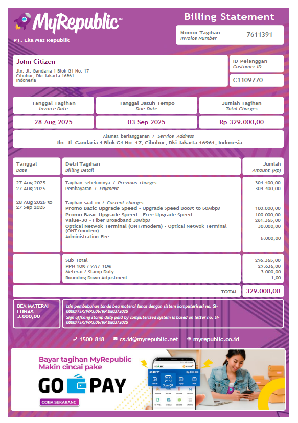 Indonesia My Republic utility bill template in Word and PDF formats
