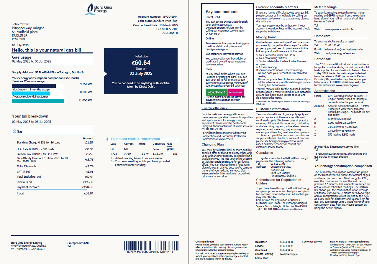 Ireland Bord Gáis Energy utility bill template in Word and PDF formats, 2 pages, version 2