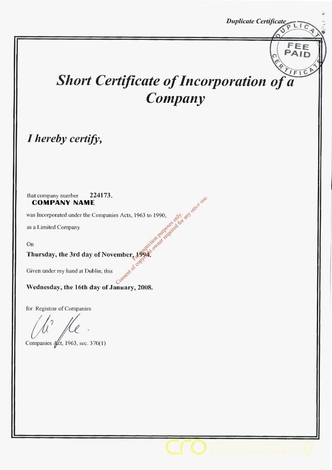 Ireland Certificate of Incorporation PSD template