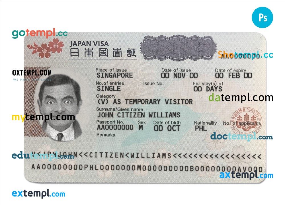 Japanese tourist visa example in PSD format, fully editable, photo look